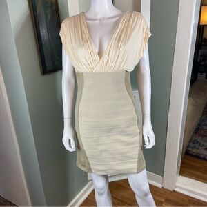 WOW Couture Cream Beige Tan Bandage Mini Bodycon Dress Draped Large L